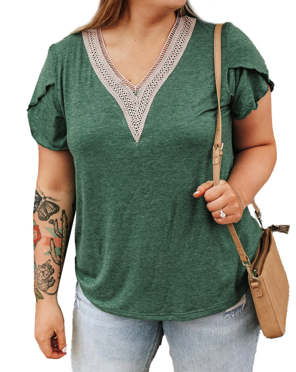 Lace V-Neck Tulip Sleeve Blouse Plus Size