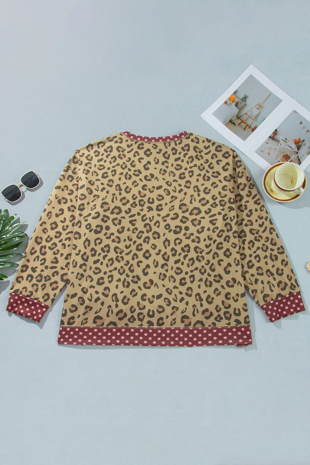 Plus Size Leopard Polka Dot Trim Long Sleeve Top