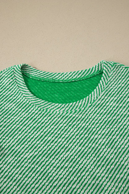 Stripe Twill Ruffle Lace Short Sleeve Blouse
