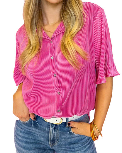 Satin Pleated Short Sleeve Shirt