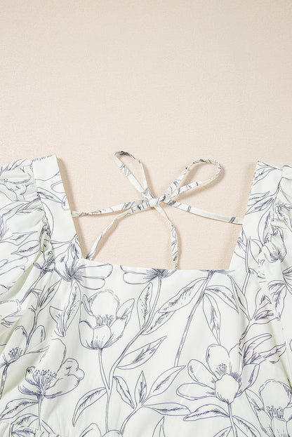 Floral Square Neck Shirred Back Mini Dress