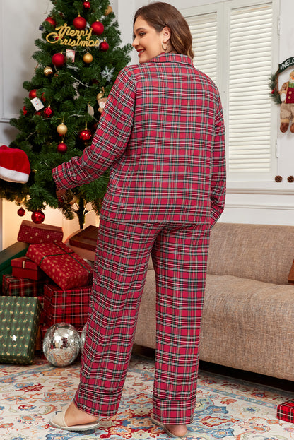 Plus Size Christmas Plaid Shirt and Pants Lounge Set