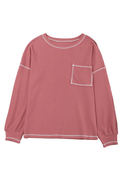 Waffle Contrast Stitching Pocketed Pullover