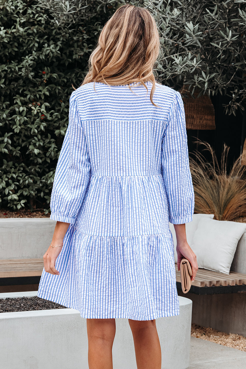 Stripe 3/4 Sleeve Pocketed Tiered Dress
