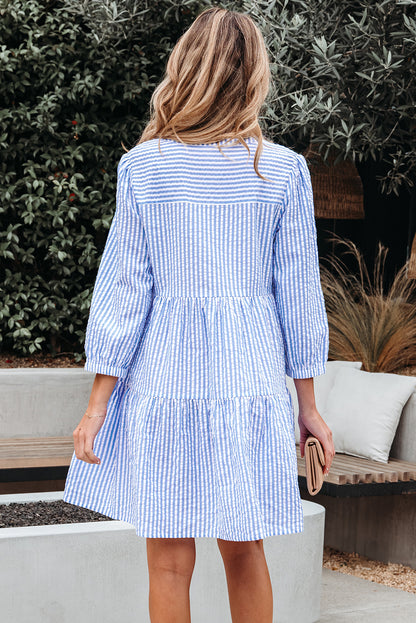 Stripe 3/4 Sleeve Pocketed Tiered Dress