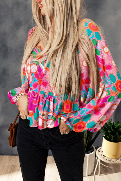 Floral Smocked Ruffle Peplum Blouse