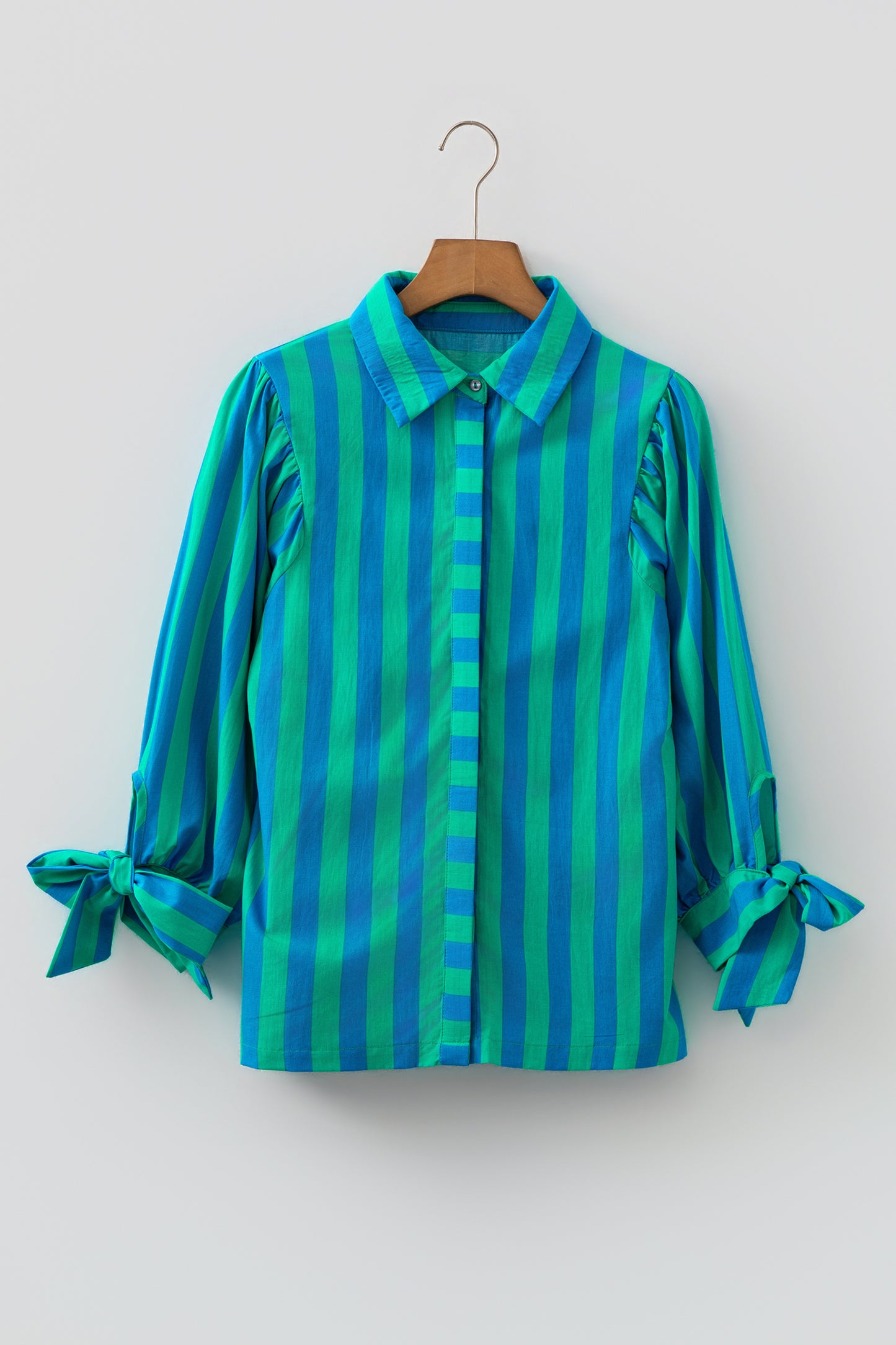 Stripe Tie Puff Sleeve Button Down Shirt
