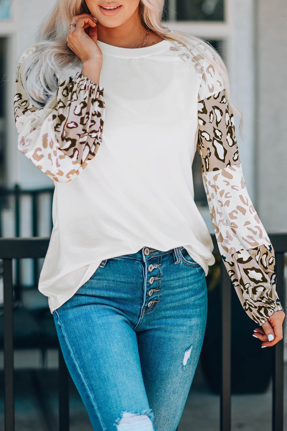 Leopard Colorblock Bubble Sleeve Top