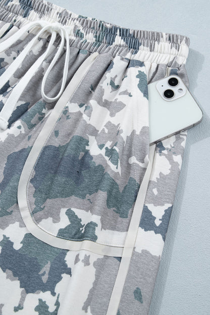 Camo Raw Edge Pocketed Drawstring Pants