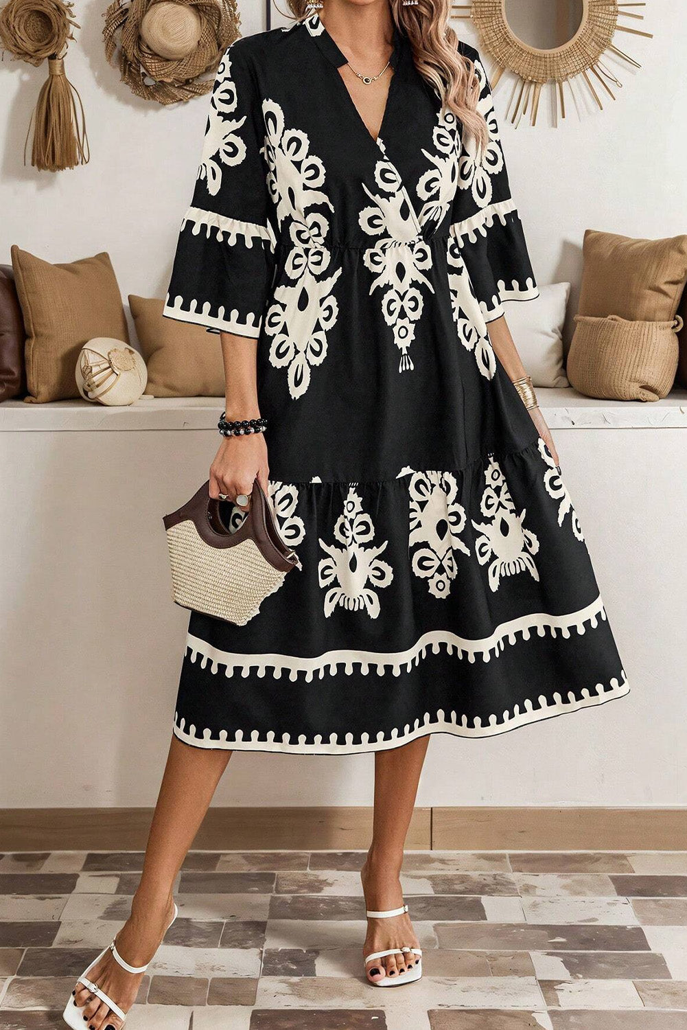 Western Geometric 3/4 Sleeve Midi Dress