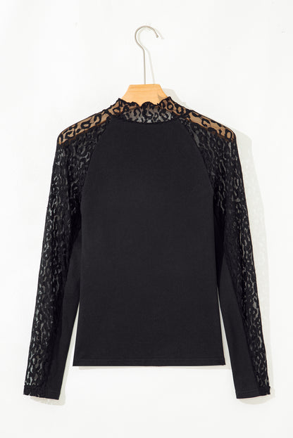 Leopard Mesh Patchwork Long Sleeve Top