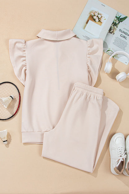 Textured Ruffle Half Zip Top and Pants Set