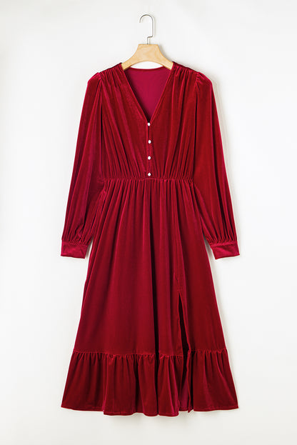 Velvet Puff Sleeve Midi Dress