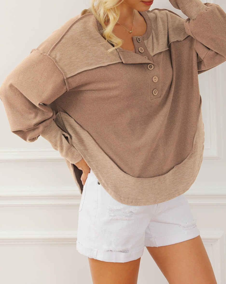 Colorblock Reverse Seam Buttoned Sweatshirt