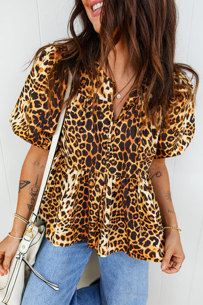 Leopard Short Puff Sleeve Babydoll Top