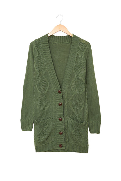 Cable Button Front Pocketed Cardigan