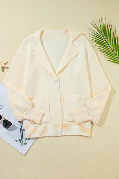 Solid Lapel Collar Single Button Sweater Cardigan