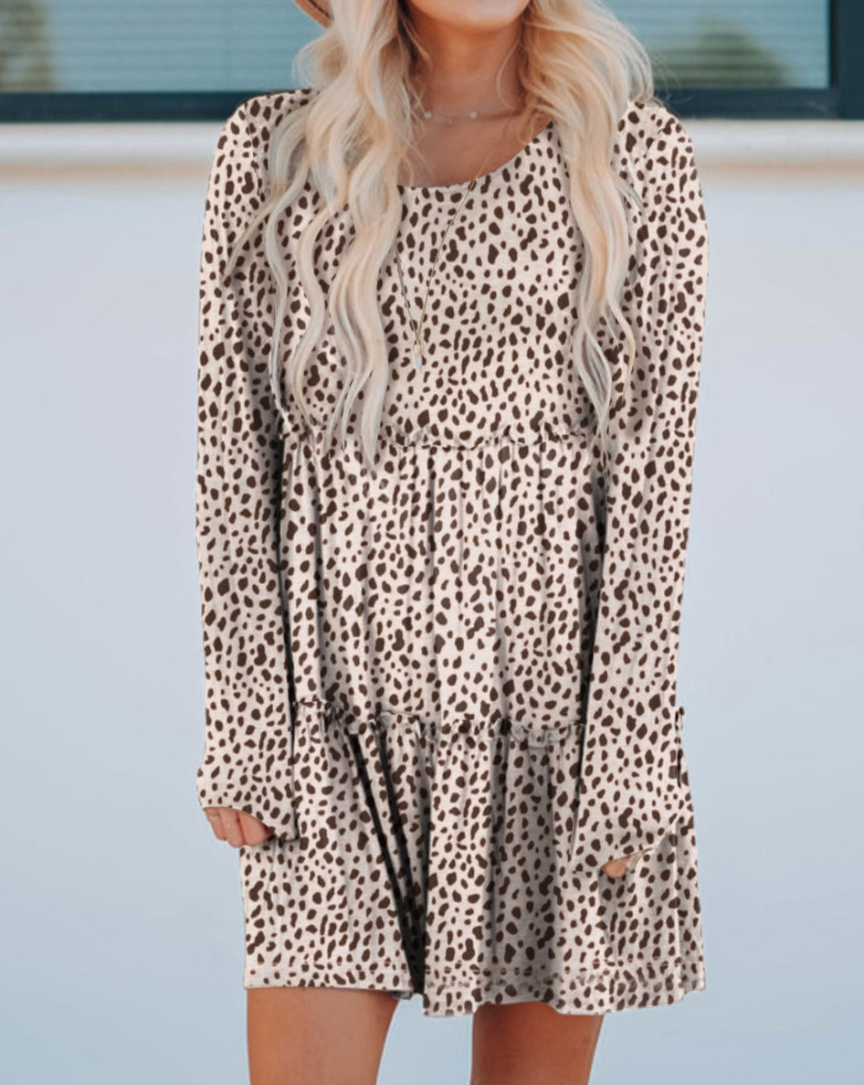 Leopard Tiered Long Sleeve Dress