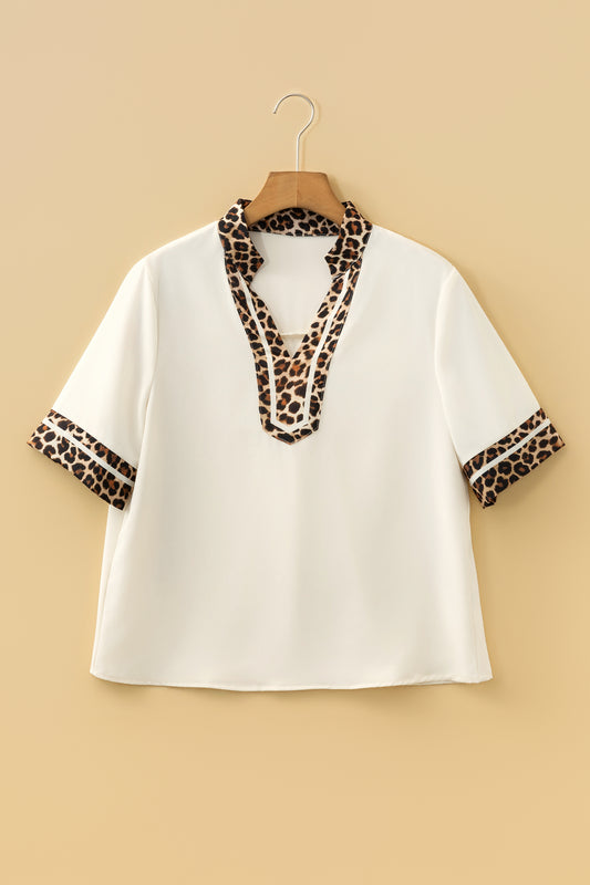 Leopard Patchwork Trim Split Neck Blouse