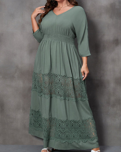 Smocked Lace 3/4 Sleeve Dress Plus Size