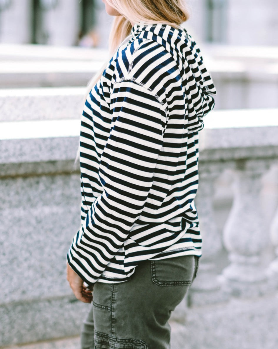 Stripe Kangaroo Pocket Drawstring Hoodie