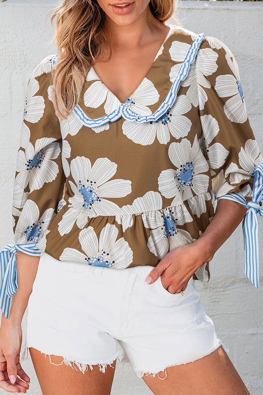 Floral Stripe Collared V-Neck Blouse