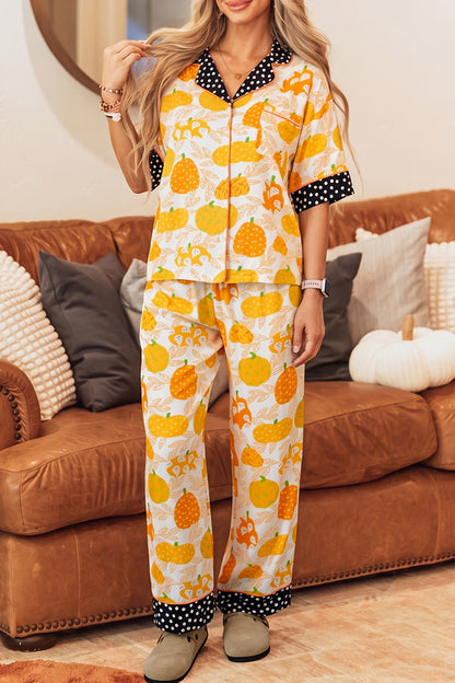 Pumpkin Polka Dot Trim Top & Pants Lounge Set