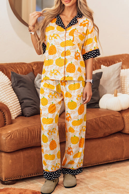 Pumpkin Polka Dot Trim Top & Pants Lounge Set