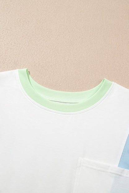 Colorblock Patchwork 3/4 Sleeve Chest Pocket T-Shirt