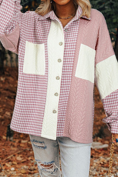 Houndstooth Cable Knit Patchwork Shacket