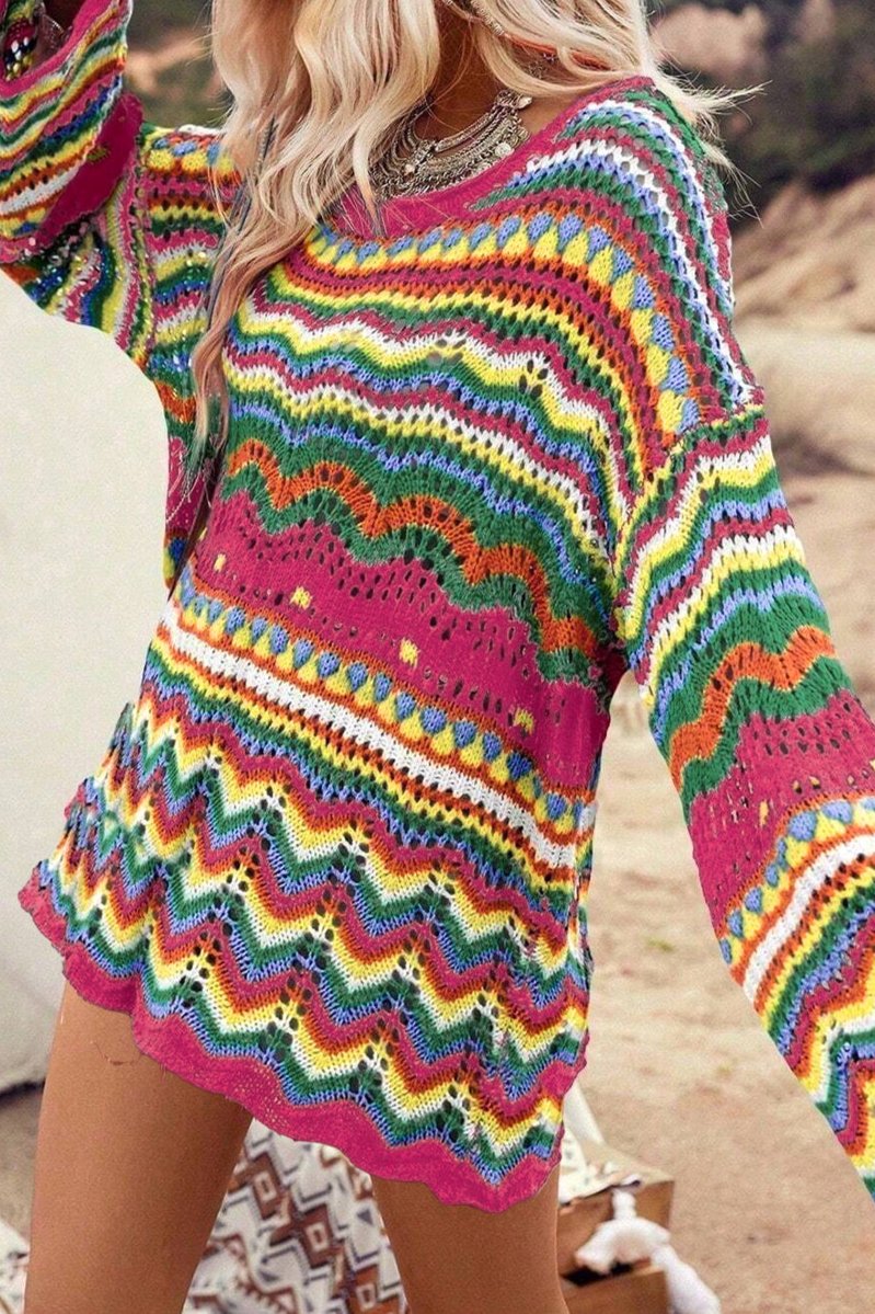 Colorblock Stripe Hollowed Knit Sweater