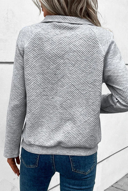 Geometric Textured Buttoned Collar Sweatshirt