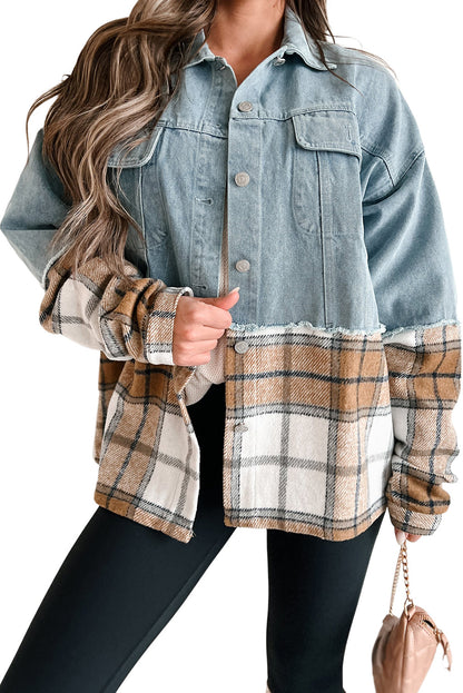 Denim Plaid Patchwork Buttoned Jacket