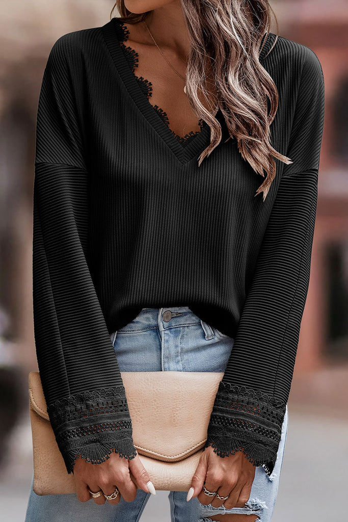 Ribbed Lace Trim Long Sleeve Top