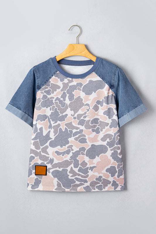Camo Colorblock Denim Raglan Short Sleeve Tee