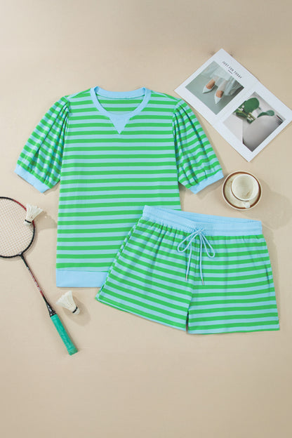 Plus Size Colorblock Stripe Top & Drawstring Shorts Set
