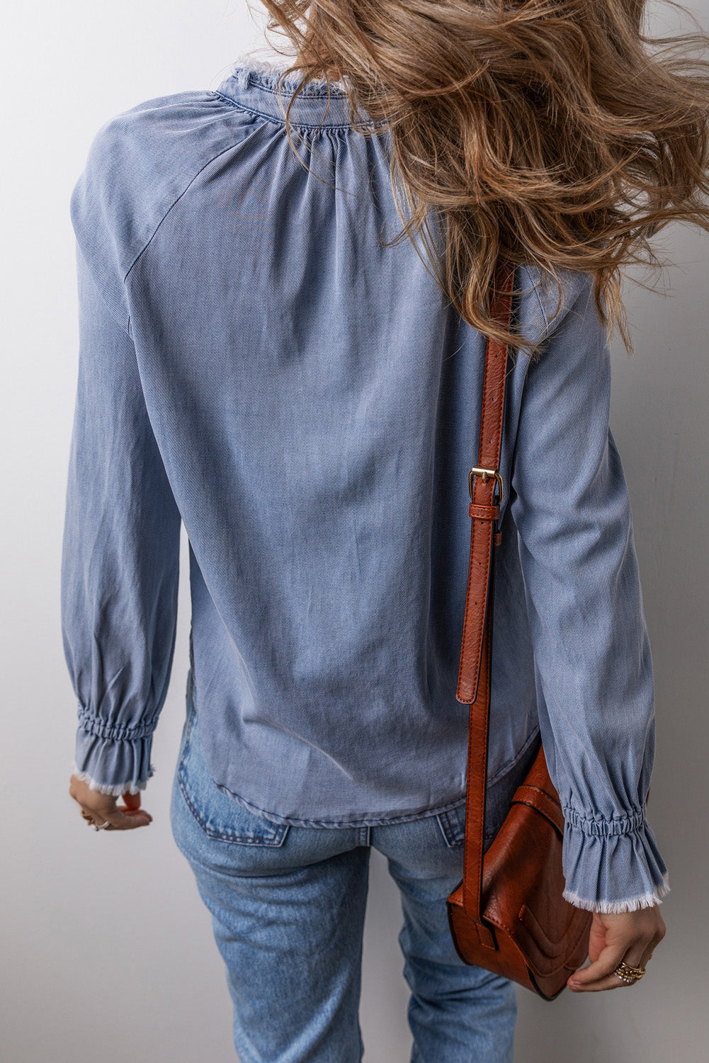 Denim Frilled Raw Edge Buttoned Top