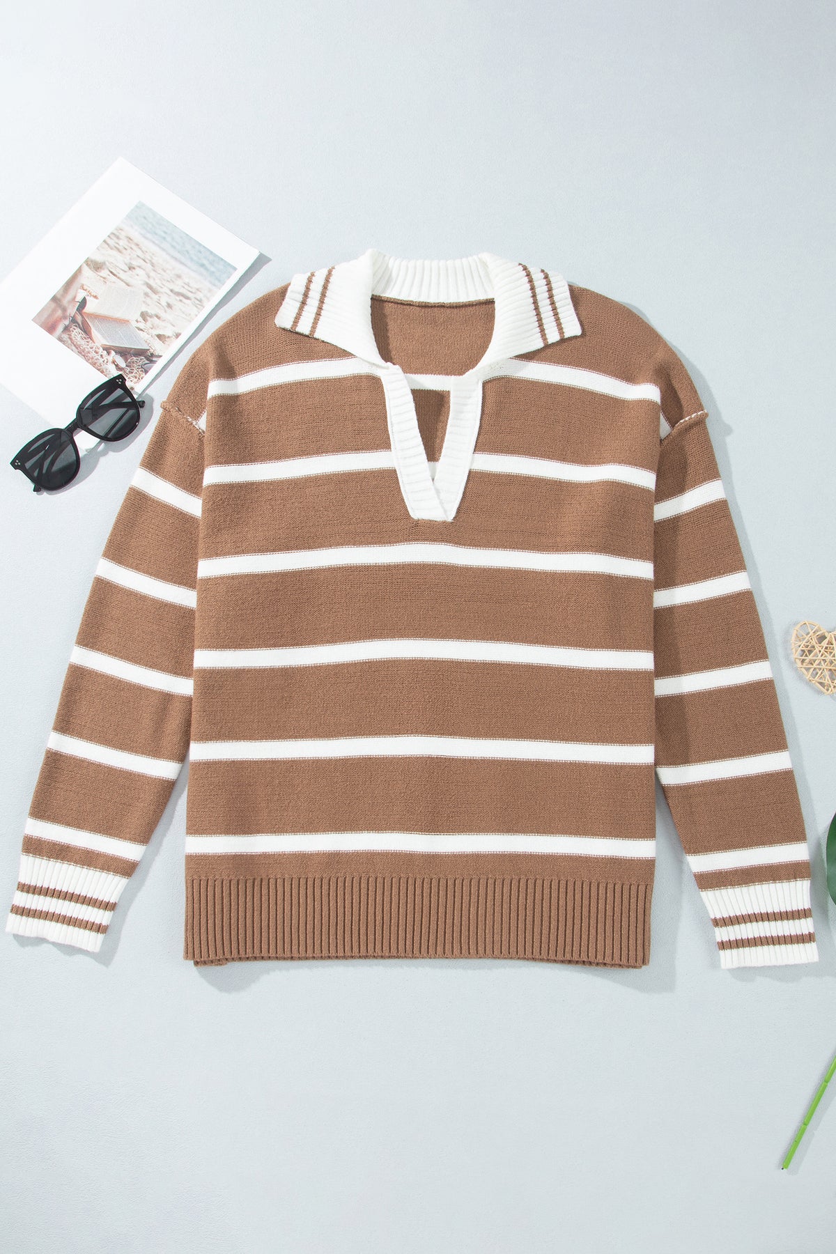 Plus Size Stripe Collared V-Neck Exposed Seam Sweater