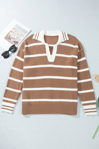Plus Size Stripe Collared V-Neck Exposed Seam Sweater
