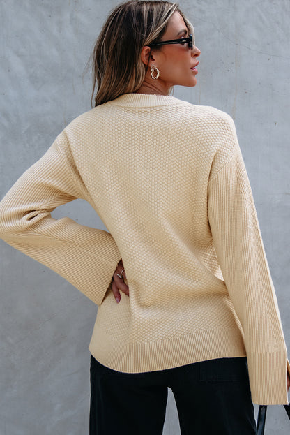 Solid Textured Knit Split Cuff Drop Shoulder Sweater