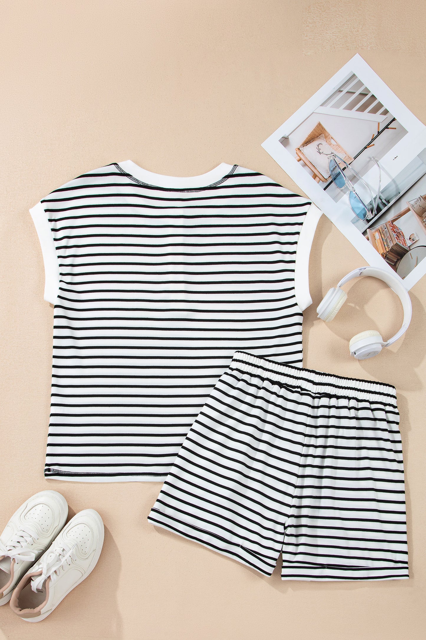 Stripe Cap Sleeve Henley Top & Shorts Set
