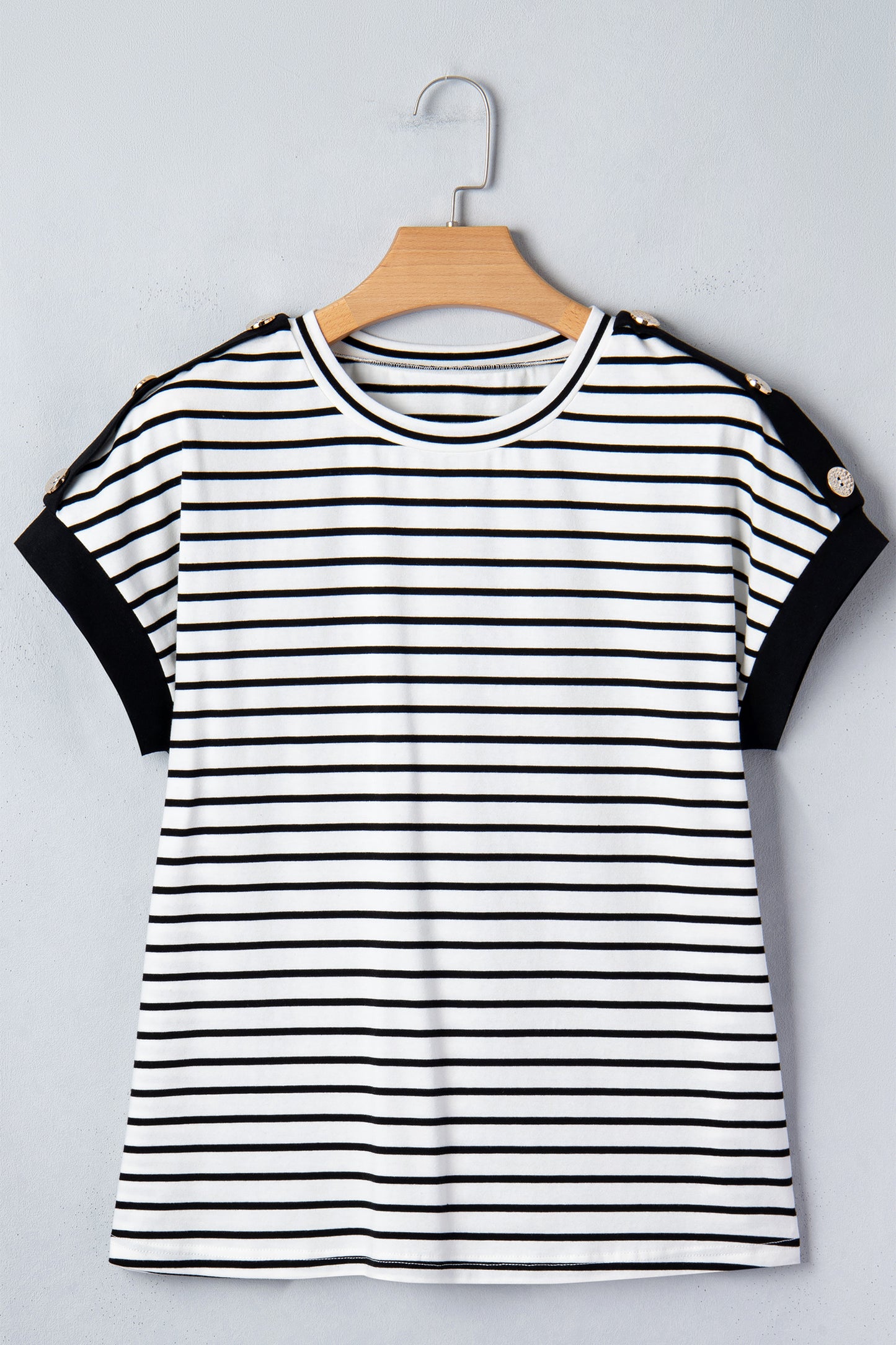 Stripe Buttoned Shoulder Cuffed Short Sleeve Tee