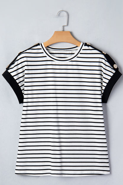 Stripe Buttoned Shoulder Cuffed Short Sleeve Tee