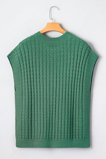 Solid Textured Round Neck Short Sleeve Sweater