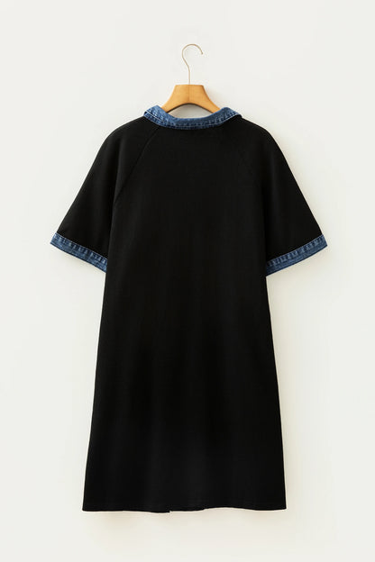 Plus Size Denim Colorblock Polo Collar Mini Dress