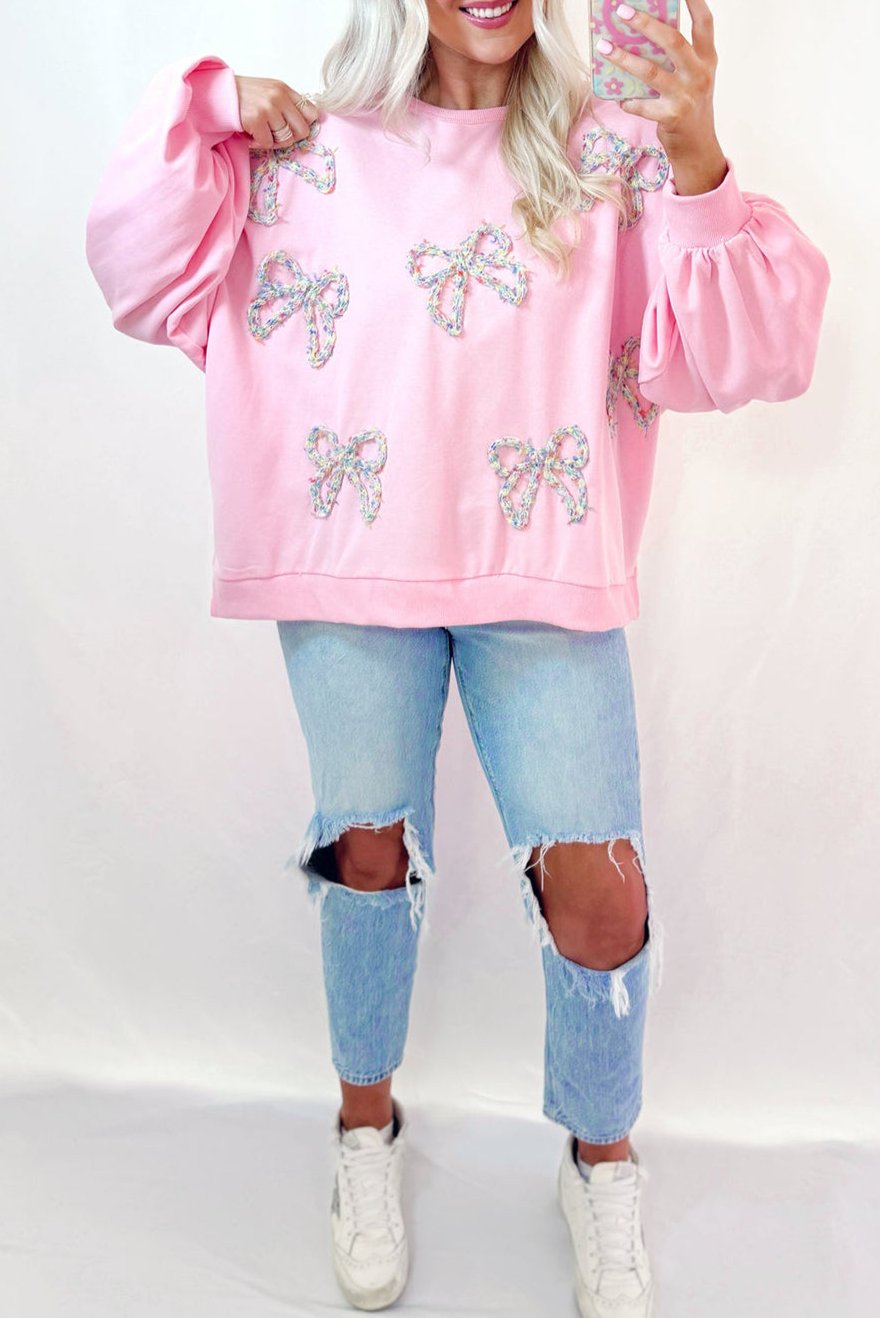 Bow Embroidered Lantern Sleeve Sweatshirt