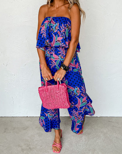 Tropical Strapless Ruffle Jumpsuit