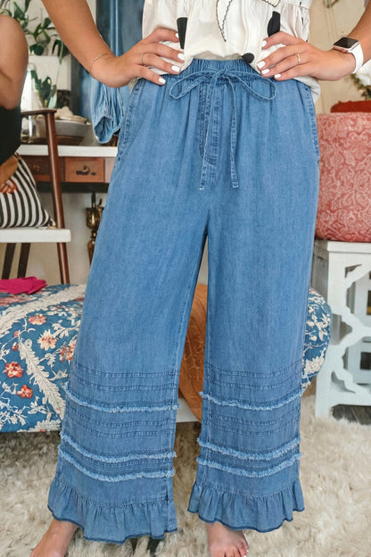 Denim Chambray Ruffle Hem Wide Leg Pants