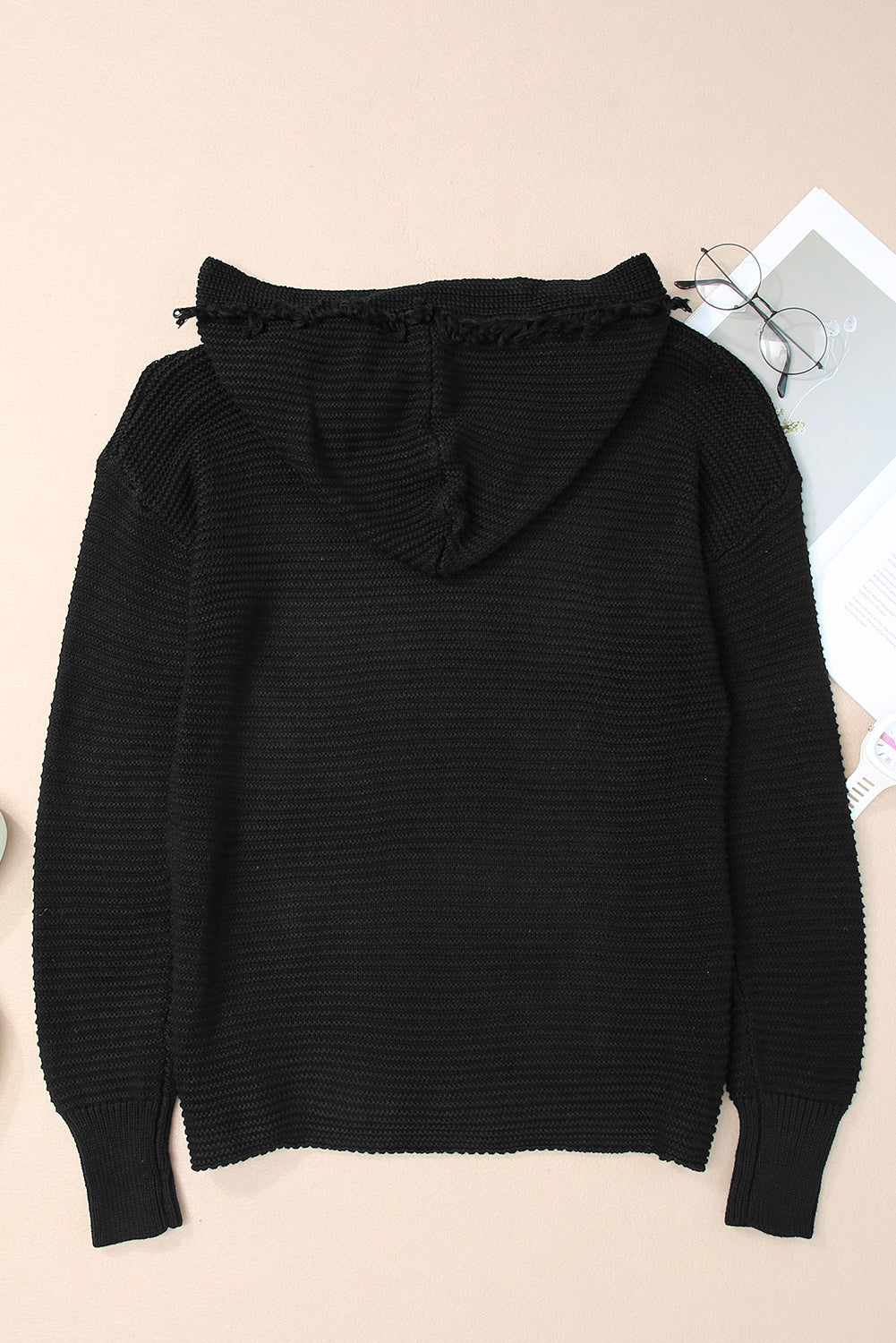 Ribbed Raw Edge Hooded Sweater