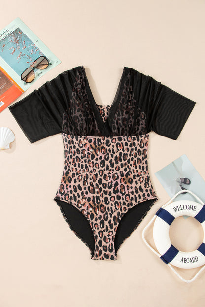 Leopard Mesh Patchwork V-Neck 3/4 Sleeve Swimsuit